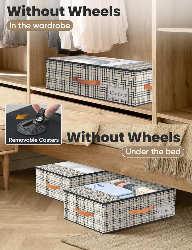 2-Pack Under Bed Storage Bins with Wheels and 4 Vacuum Seal Bags, Heavy Duty 80lbs Capacity,7.9" Height Clear Lid Organizer for Dorm Bedroom Clothes Shoes Toys,Quick Assembly Space Saver Houndstooth