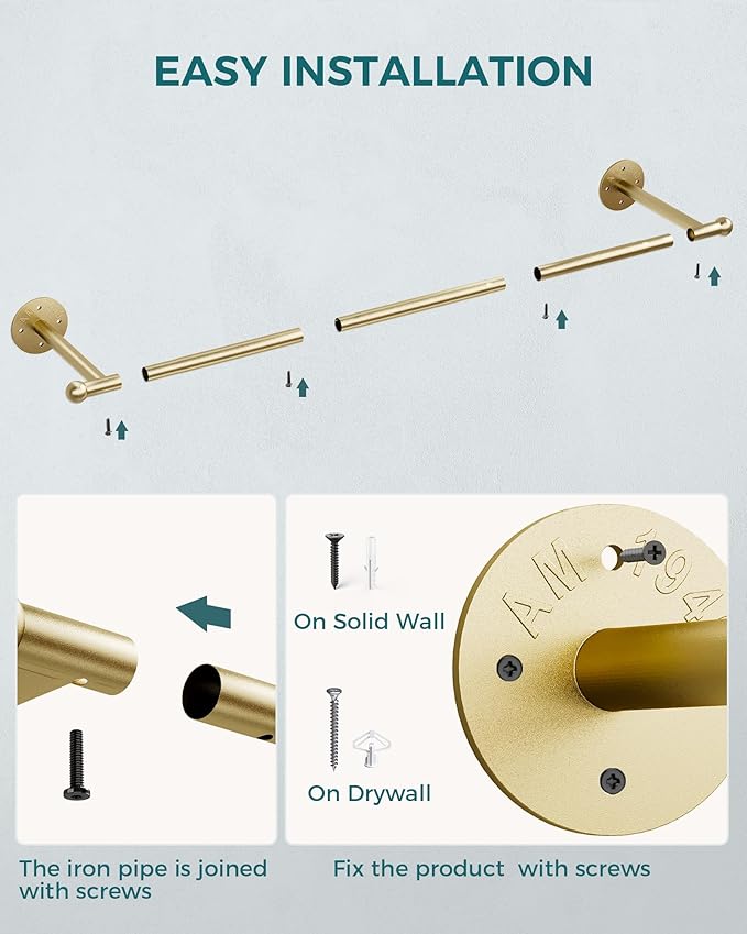 OROPY Industrial Pipe Clothing Rack Set of 2, Wall Mounted Clothes Rack, Closet Rods For Hanging Clothes, 33" Multi-purpose Hanging Rod for Laundry Room, Bedroom and Closet Storage, Gold