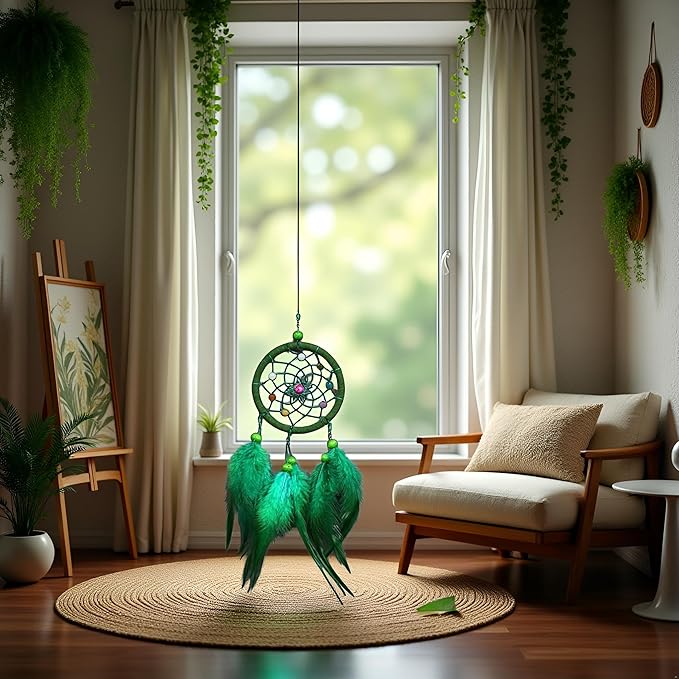 Green Small Dream Catcher with Feathers Wall Hanging Ornament Indian Style Decoration Wind Chimes for Car Home Wall Decor