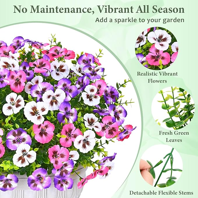 MARTINE MALL 12 Bundles Look Real Artificial Flowers for Outdoors, Realistic Fake Outdoor Flowers, UV Resistant Silk Pansy Flower for Outside Faux Flower Plant for Outdoor Porch Yard, Three Mix Colors