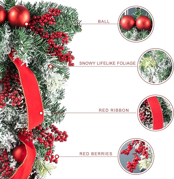 Glitzhome 25" Flocked Christmas Teardrop Door Swag with Berries, Ornaments and Pinecones Snow Dusted Hanging Garland for Front Door Indoor Holiday Decor