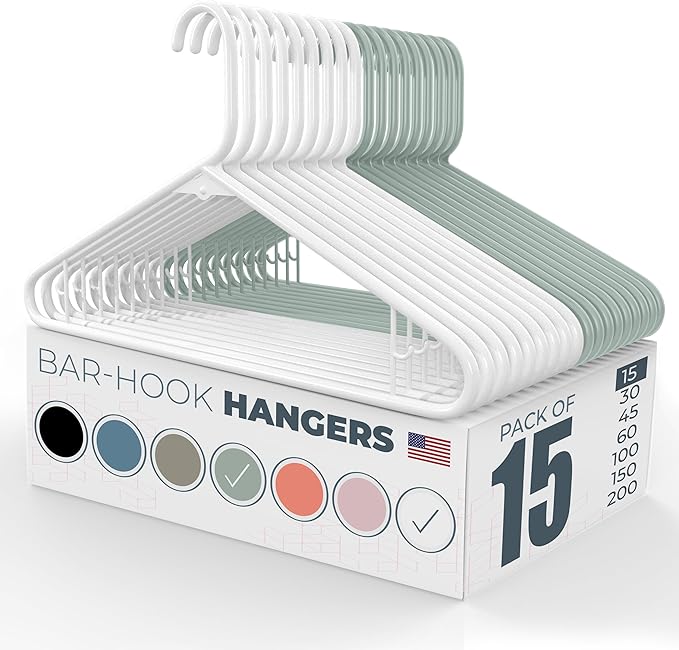 Neaties Plastic Hangers 15 Pack - Made in the USA - 6lb Capacity Standard Clothes Hangers with Strap Hooks for Dresses, Lingerie, Shirts, Pants, and Jackets - White & Mint