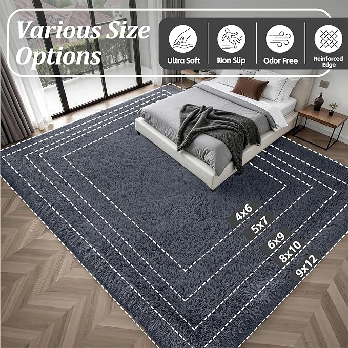6x9 Area Rugs for Living Room Bedroom: Ultra Soft Fluffy Shag Rug Upgrade Non-Slip Non-Shedding Large Fuzzy Plush Carpet Indoor Floor Carpets for Kids Room Playroom Nursery Dorms Home Decor Grey