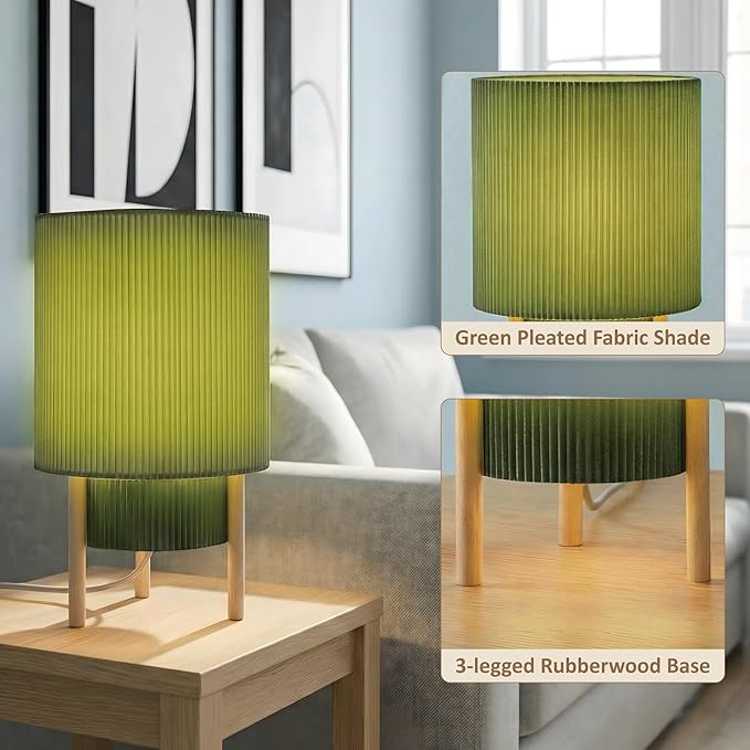 Buruis 2-Tier Table Lamp with Pleated Fabric Shade, Natural Rubber Wood Stand, UL Listed, 10'' Elegant Retro Mid-Century Bedside Lamp for Bedroom, Living Room, Bookshelf, Bulb Not Included, Green