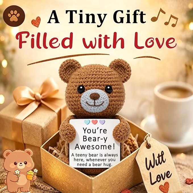 Positive Crochet Bear Gifts for Women Men, Emotional Positive Support Gift for Friend Coworker, Cute Mini Bear Desk Decor, Inspirational Thinking of You, Small Comfort Gift for Stress Relief