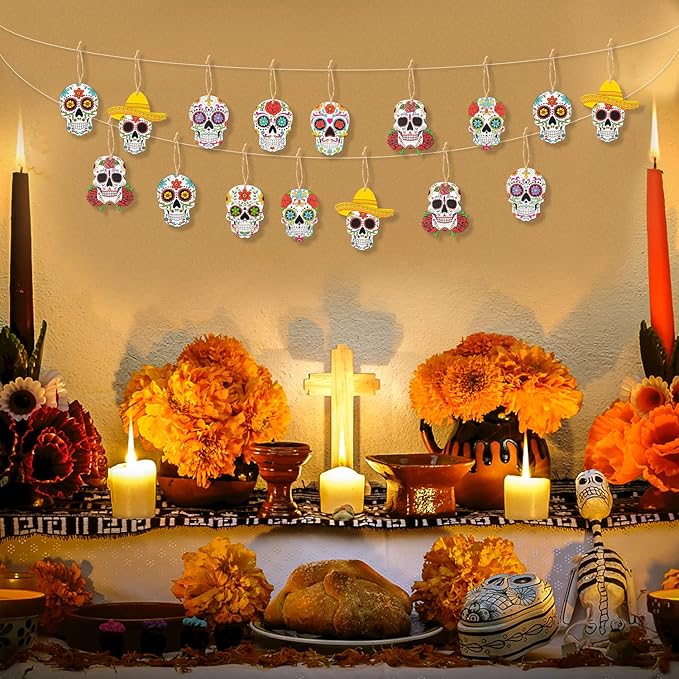 Haooryx Halloween Day of the Dead Ghost Wooden Hanging Ornaments - 25Pcs Sugar Skulls Wood Pendent Decoration Mexican Fiesta Dia de Los Muertos Skull Skeleton Tag for Tree Halloween Party Favor Supply