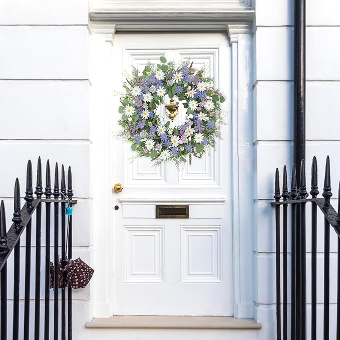 Sggvecsy Spring Wreaths for Front Door 22 Inch Artificial Blue Purple Daisy Wreath Floral Summer Wreaths with Lavender Wild Flower Greenery Leaves for Farmhouse Home Wall Indoor Outdoor Window Decor