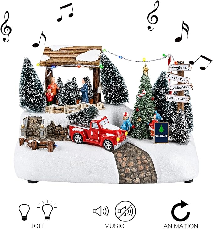 MOMENTS IN TIME Christmas Village Tree Animation Building Home Decor with LED Lights and Christmas Music Battery Operated (not Included)