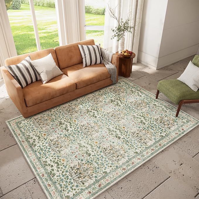 Washable Area Rug 6x9 - Oriental Vintage Dining Room Rug for Living Room, Bedroom, Kids Playroom & Baby Nursery - Low Pile, Non-Slip, Lightweight & Stain Resistant