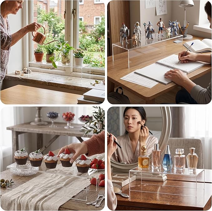 Acrylic Shelf Riser 15x5.1x4 pack of 2, Clear Acrylic Stand for Figure, Cosmetics, Bags, Shoes, Toys, Collectibles, 15x5.1x4 Inch