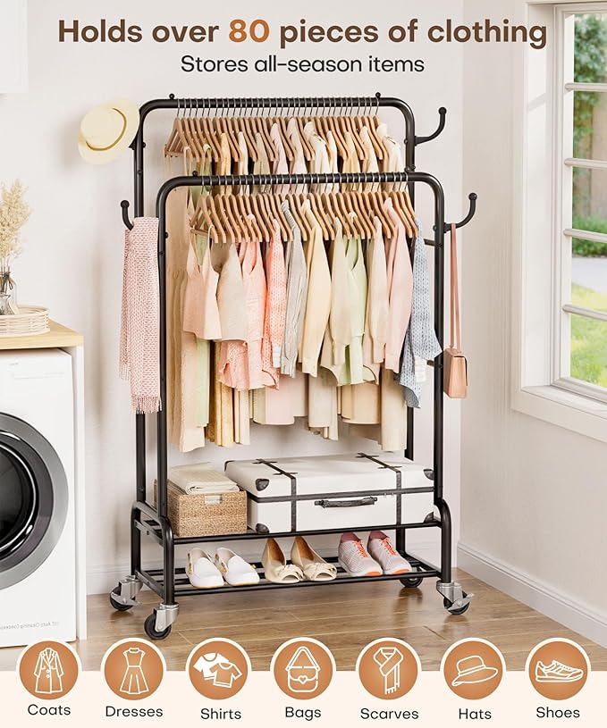 Homde Heavy Duty Clothes Rack: 265lb Rolling Double Rod Garment Hanging - Metal Coat Organizer Storage Display Shelf on Wheels for Bedroom Laundry