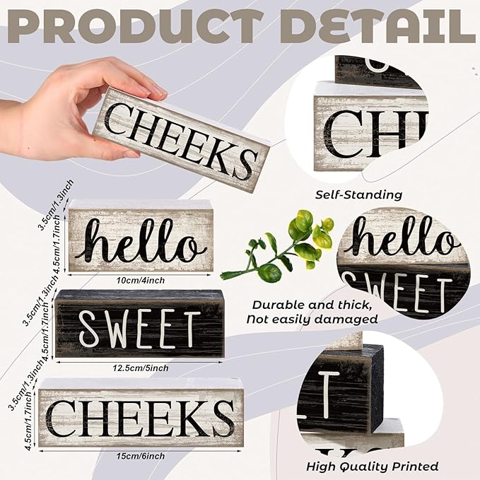 Moucuny 4 Pcs Bathroom Shelf Decor Hello Sweet Cheeks Sign Farmhouse Bathroom Decor and Accessories Rustic Eucalyptus Leaves Wood Block Sign Gift Sweet Home Table Centerpiece for Home Office