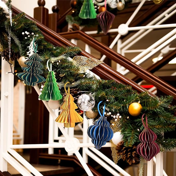 EASY JOY 6 PCS Christmas Honeycomb Paper Ornaments Paper Glitter Edged Small Christmas Tree Ornaments Decorative Hanging Ornaments for New Years Party,Winter Xmas Party,Holiday Home Decor