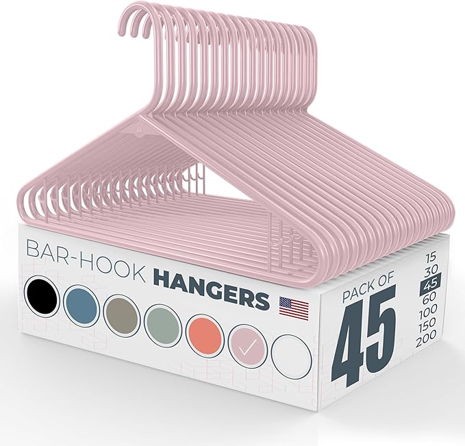 Neaties Plastic Hangers 45 Pack – Made in The USA – 6lb Capacity Standard Clothes Hangers with Strap Hooks for Dresses, Lingerie, Shirts, Pants, and Jackets – Pink
