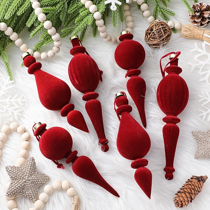 Jetec 6 Pcs Burgundy Velvet Christmas Finial Ornament Flocked Xmas Tree Hanging Decoration Plastic Velvet Christmas Ornaments with 3 Styles for Xmas Tree Holiday Home Party Decoration