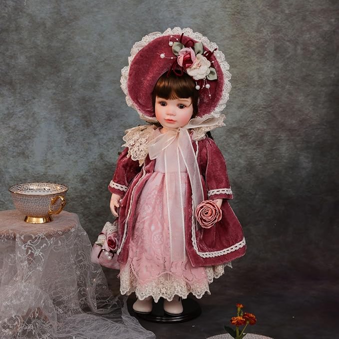 18 Inch Kawaii Porcelain ＆ Fabric Doll Cute European Retro Handmade Ceramic Doll with Showing Stand for Room Decor, Birthday Gifts, Collectible ，Name Olivier (Red)