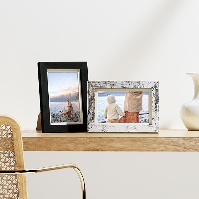 Vittanly 4x6 Picture Frames Set of 9, Display 3.5x5 Pictures with Mat or 4x6 without Mat, Photo Frames for Wall or Tabletop with Plexiglass, Engineered Wood, Black&Brown&Distressed White