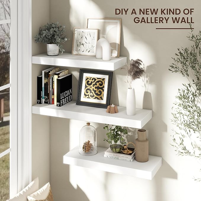 Venusmiles Floating Shelves for Wall, 30" W x 12" D x 2" H, 2 Pack of Long Wall Mounted Engineered Wood Shelves with Invisible Brackets for Living Room, Bedroom, Bathroom, Kitchen Decor, White