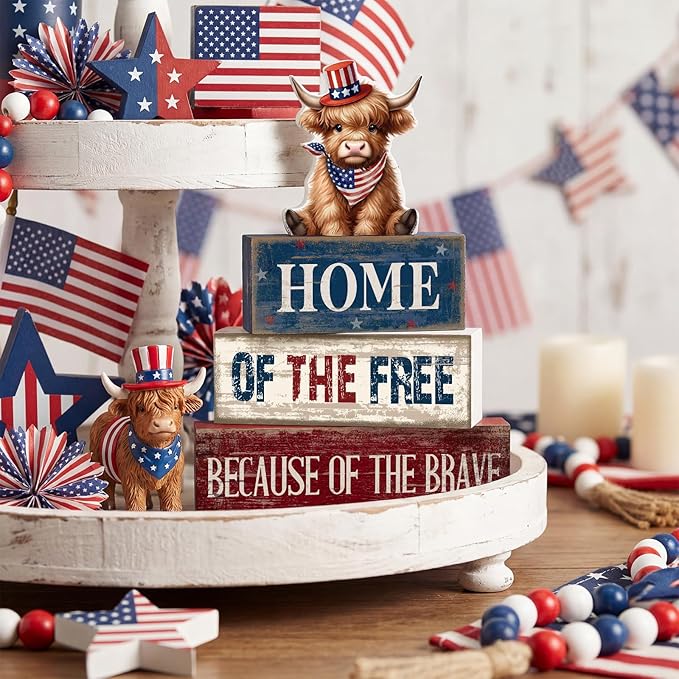 Moucuny 4 Pcs 4th of July Decorations Patriotic Highland Cow Wooden Block Sign Set America Table Decor Patriotic Tiered Tray Decor Red White Blue Memorial Day Centerpieces for 250th Anniversary Home