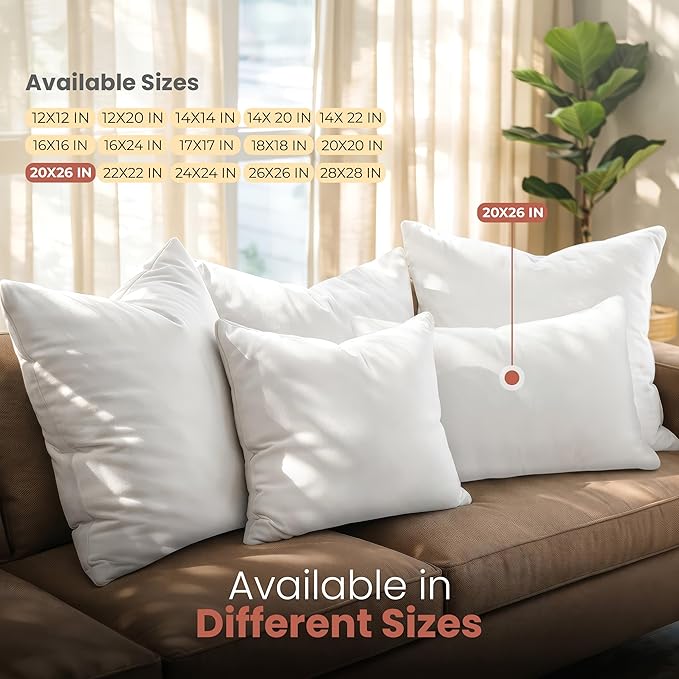 Utopia Bedding 20x26 Pillow Inserts, Set of 2, White – Indoor Decorative Throw Pillows for Bed, Sofa & Couch – Soft, Supportive & Fluffy Cushion Inserts