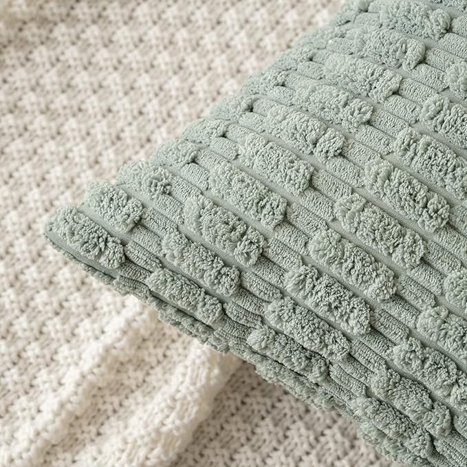 MIULEE Pack of 2 Spring Corduroy Decorative Throw Pillow Covers 16x16 Inch Soft Boho Striped Pillow Covers Modern Farmhouse Home Decor for Summer Sofa Living Room Couch Bed Greyish Green