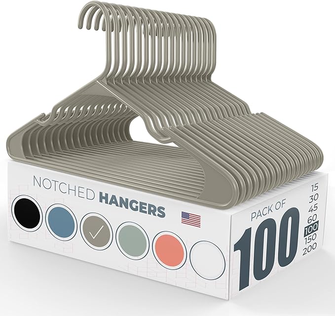 Neaties Plastic Hangers 100 Pack - Made in The USA - 6lb Capacity Standard Clothes Hangers with Notches and Reinforced Edges for Dresses, Lingerie, Shirts, Pants, and Jackets - Gray
