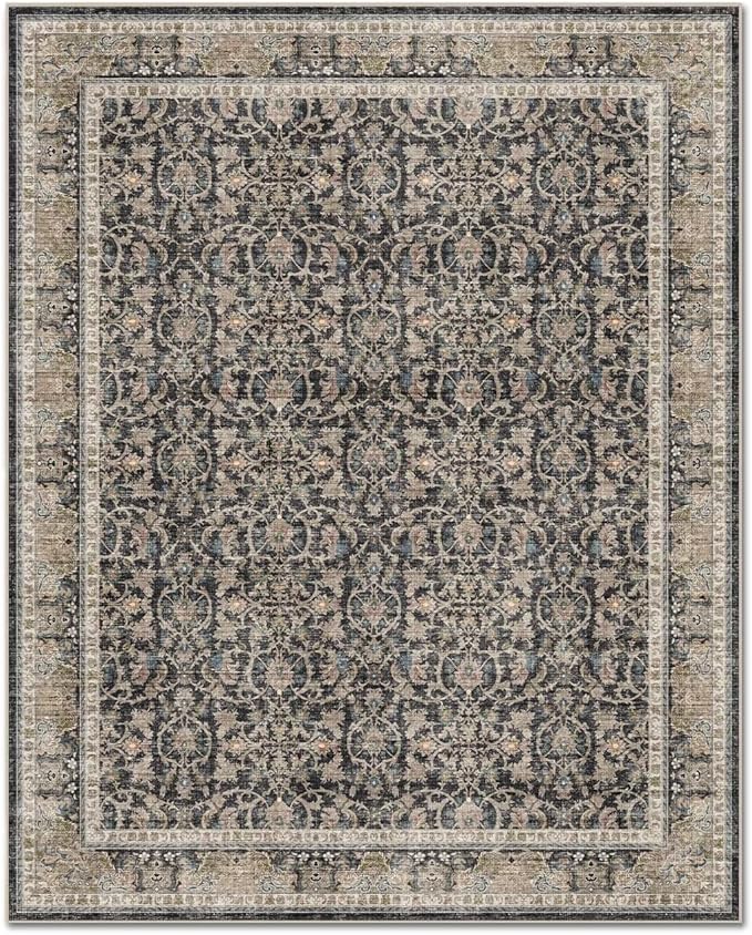 Washable 5x7 Area Rugs for Living Room, Boho Non-Slip Vintage Distress Rugs for Bedroom Dining Room Nursery Office, 0.3" Neutral Oriental Throw Thin Carpet with Cushioning Pad, Black/Brown/Blue/Multi