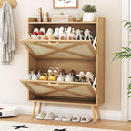 Shoe Cabinet with 2 Flip Drawers, Farmhouse Hidden Shoe Storage Cabinets, Narrow Wooden Shoes Organizer for Entryway, Slim Freestanding Shoe Rack Cabinet for Front Door Entrance, Rattan Natural