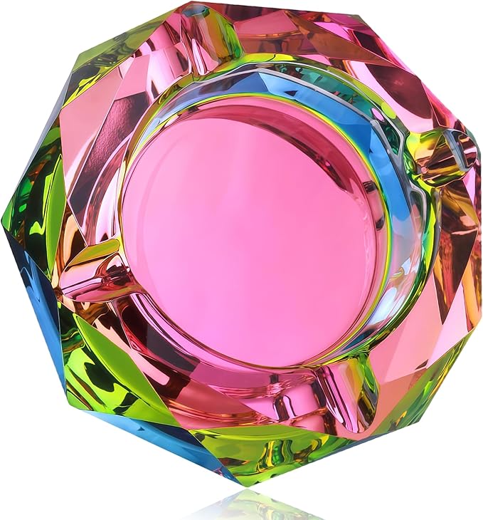 Coomin 5.9in Large Crystal Glass Ash Tray, Sparkly Cigarettes Cigar Ashtray, Ashtrays for Smokers Indoor Women Home Desktop Tabletop Decoration, Gifts for Women, Pink
