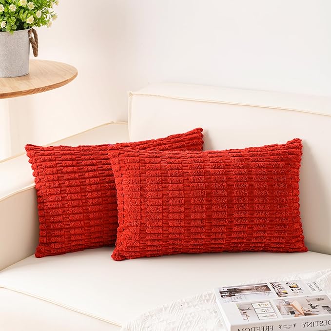 Aegero Pack of 2 Corduroy Decorative Throw Pillow Covers 12x20 Inch Soft Striped Pillow Covers Modern Farmhouse Home Decor for Sofa Living Room Couch Bed（Red）