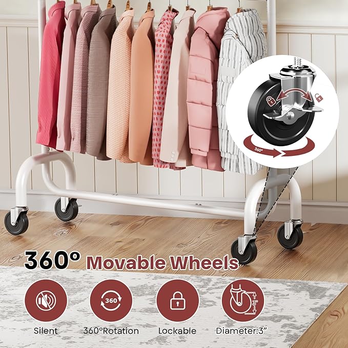 Heavy Duty Clothes Rack Load 600 LBS, Rolling Clothing Rack for Hanging Clothes with Lockable Wheels, Double Rod Garment Rack for Bedroom, Laundry, Clothing Store, White