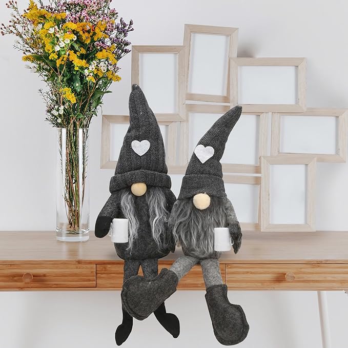 2Pcs Coffee Gnomes Plush Doll - Swedish Tomte Elf Dwarf Figurines, Scandinavian Collectible Gnome Decor, Dangle Leg Shelf Sitters for Home Kitchen Bar Farmhouse Decoration, Coffee Lover Gifts