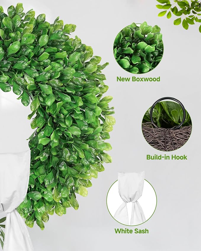 Vlorart 24 Inch Faux Round Boxwood Wreath, Weatherproof Front Door Large Wreaths Artificial Spring Summer Greenery Wreath with Sash for Farmhouse Wedding Year Round Indoor and Outdoor