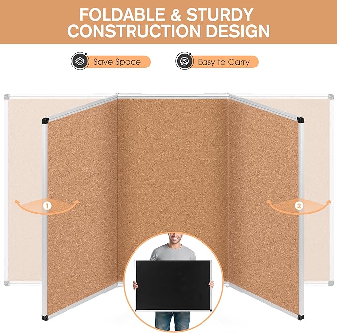 Extra Large Cork Bulletin Board 96" X 48", Foldable Notice Pin Board for Wall, Silver Aluminum Framed 8'x4' Corkboard, Wall Mounted Noticeboard with 36 Push Pins for School, Home & Office