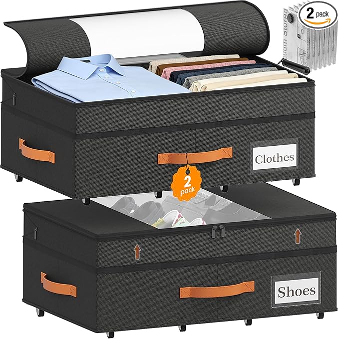 2-Pack Under Bed Storage with Wheels and 6 Vacuum Seal Bags, Adjustable Height 7.9"-10.2",Heavy Duty Capacity,Clear Lid Organizer for Dorm Bedroom Clothes Shoes Books,Quick Assembly Space Saver，Black