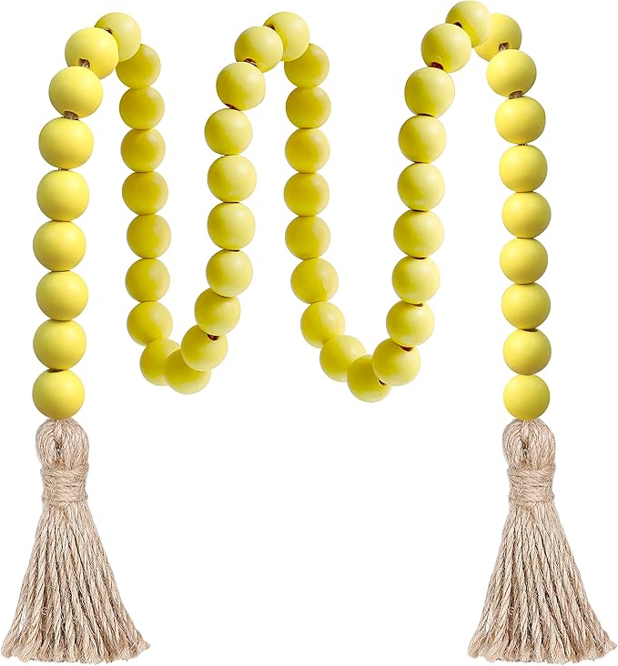 Meplait 39in Wood Bead Garland Farmhouse with Tassels,Versatile Prayer Beads Boho Chic Wall Hanging Home Decor (Yellow