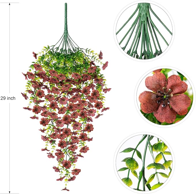 Artificial Mums for Outdoors Fake Hanging Flowers for Decoration, 2 PCS Silk Daisy Flower Realistic Faux Plants UV Resistant for Porch Patio Window Yard Outside Decor(Brown)