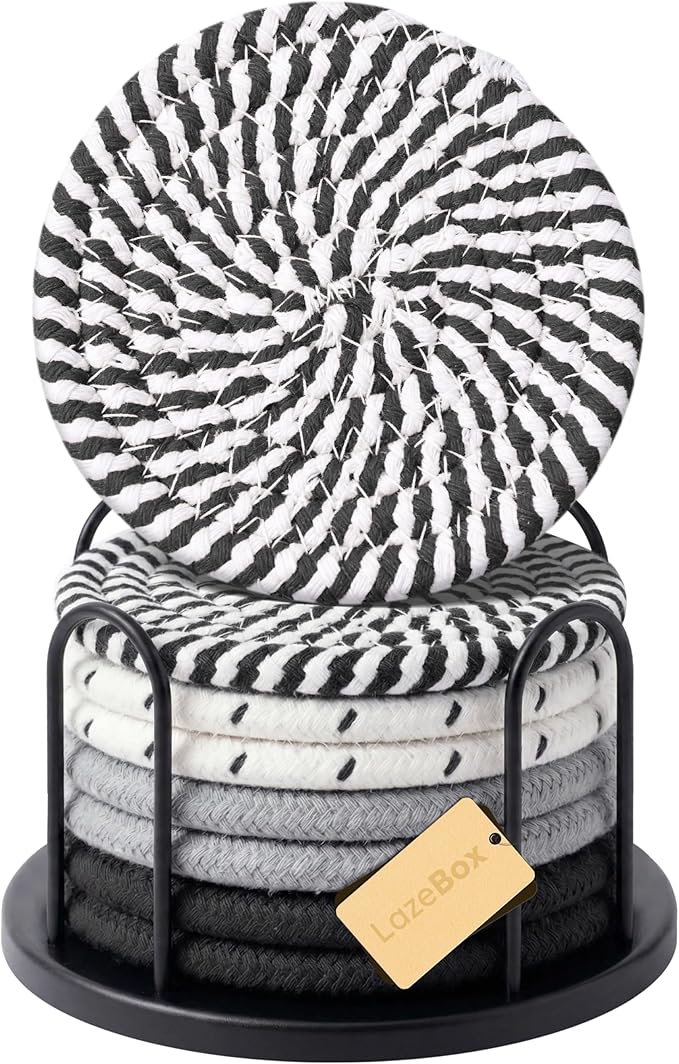Lazebox Coasters Set of 8 for Drinks, 4 Inch Large Coasters for Coffee Table, Tabletop Protection for Hot & Cold Drinks, Versatile Coasters for Home Decor, Non-Slip & Easy to Clean, Classic Black