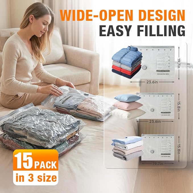 Space Saver Vacuum Storage Bags with Portable Electric Pump, Vacuum Seal Bags for Clothing Travel, Compression Bags for Travel & Home, Clothes, Blankets, Seasonal Storage, 15 Combo (5L/5M/5S)