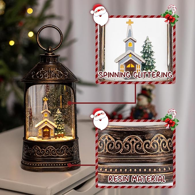 Christmas Snow Globe Lantern, Glitter Lighted Church Snow Globe with Music,Musical Christmas Decorations USB and Battery Operated, Christmas Decor