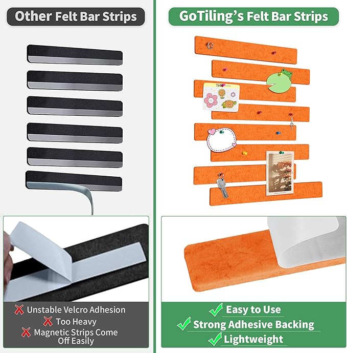 Cork Board for Walls - 8 Pack Felt Pin Board Bar Strips - Self-Adhesive Lightweight Bulletin Board - Cork Board for Office with 40 Push Pins No Damage for Wall (Orange Red)