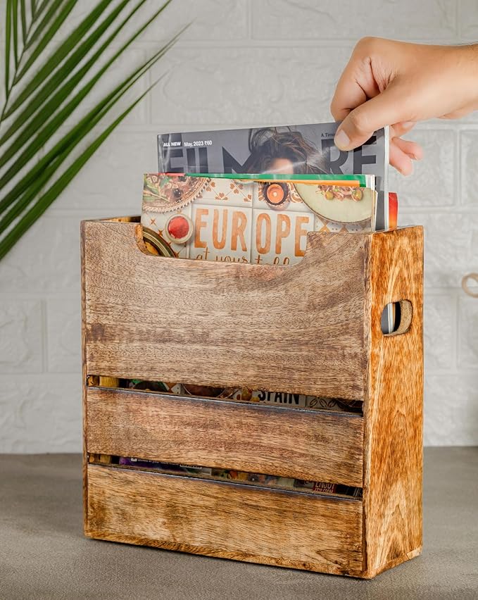 Mie Creations Wooden Magazine Holder Rack with Handle, Decorative Magazine Storage Basket for File, Folder, Books, Newspaper | Rustic Brown Magazine Bin Display Stand, Office Desk Organizer 10-inch