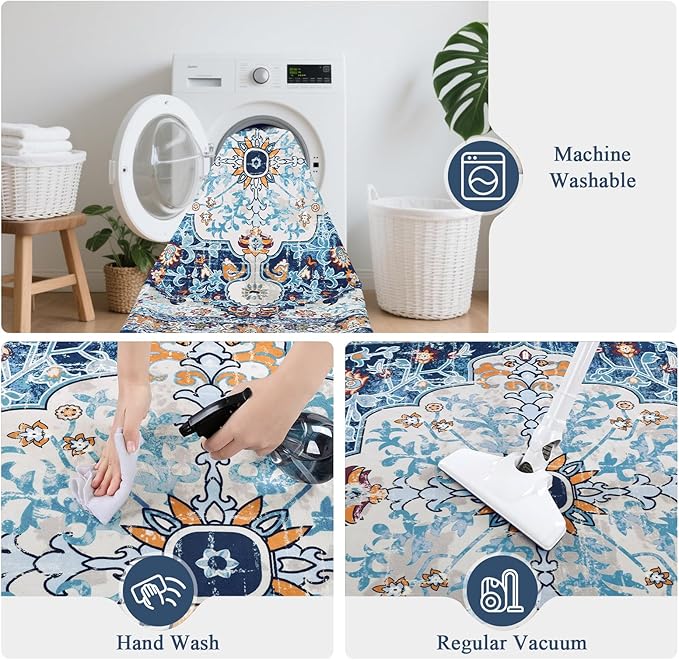 U'Artlines Boho Vintage Area Rug 5x7 Machine Washable Low Pile Soft Floor Carpet Non Slip Non Shedding Accent Rug for Living Room Bedroom Entryway Dining Room Office Blue
