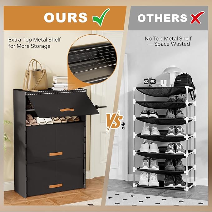 6-Tier Shoe Storage Cabinet with Hard Flip Doors, Fabric Cover, Holds 18–24 Pairs, Enclosed Dustproof Shoe Rack Organizer for Entryway, Closet & Bedroom, Shoe Shelf, Black, 27.8" x 12.0" x 41.9"