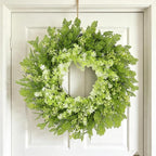 26" Spring Summer Greenery Wreath for Front Door, Large Green Wreath with Fern Leaves and White Flowers All Seasons for Indoor Outdoor Door Wall Window Porch Farmhouse All Season Home Decor