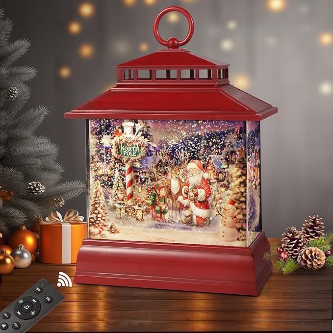 Christmas Snow Globe Lantern Water Glittering Lantern with 8 Songs & 6H Timer Romote Control Christmas Snow Globes USB & Battery Operated for Christmas Festival Decorations Gifts (Santa and Reindeer)