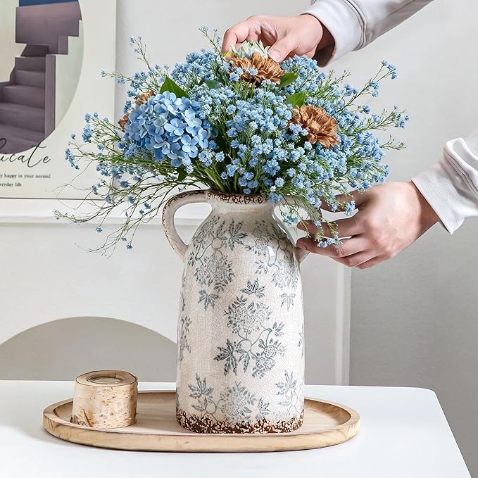 Enra Tall Vintage Blue and White Ceramic Vase with Handle, 11.2 Inch Chinoiserie Decorative Floral Vase, Large Rustic Ceramic Vase for Living Room, Office, Bookshelf, Home Decor