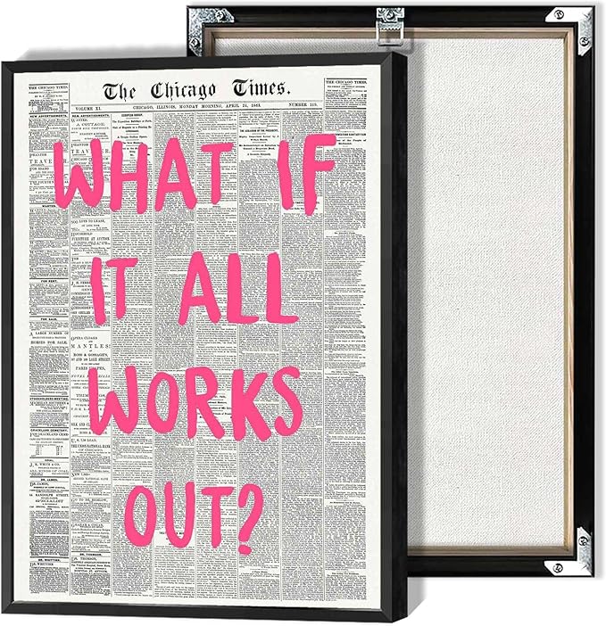 What If It All Works Out Poster Retro Newspaper Pink Font Canvas Wall Art Positive Affirming Quote Minimalist Prints Painting For Home Bedroom Dorm Wall Decor 12x16in Framed