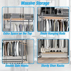 Homdox Rolling Clothes Rack Heavy Duty, 3-Tier Adjustable Wire Shelving Garment Organizer with Double Rods & Hooks, Portable Clothes Rack with Wheels, 17.72" D x 47.24" W x 80.71" H, Grey