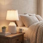 SOTTAE 14'' White Ceramic Table Lamp with Linen Fabric Shade, Leaf Patterned Ceramic Desk Lamp, Mid Century Modern Bedside Nightstand Lamp for Bedroom Living Room Reading Room